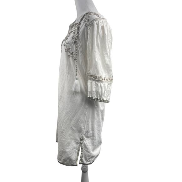 Gretchen Scott Beaded Embroidered Cotton Cleopatra Dress Sz S Beach Tassel Boho - Picture 7 of 12